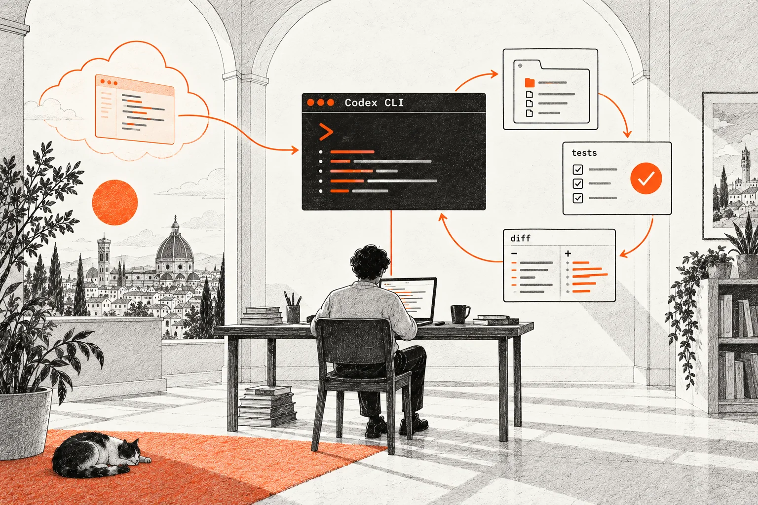 Un programmatore illustrato lavora con un terminale collegato direttamente a file, test e correzioni.