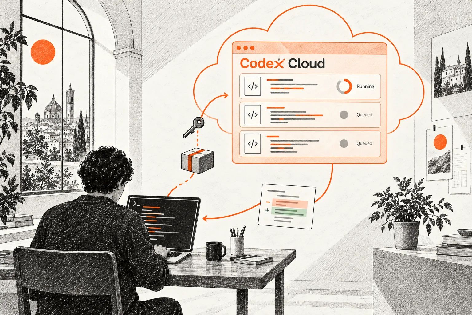 Un portatile e una piattaforma cloud illustrati sono separati da un collegamento arancione interrotto.