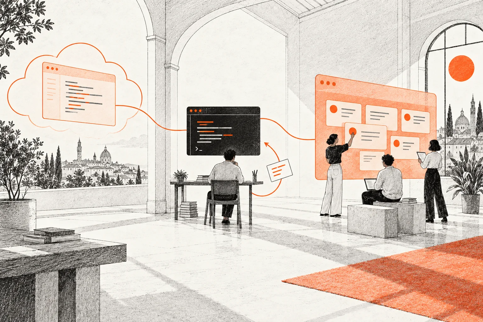 Il percorso di Codex dal cloud al terminale e all’app, illustrato in nero e arancione SevenDays.