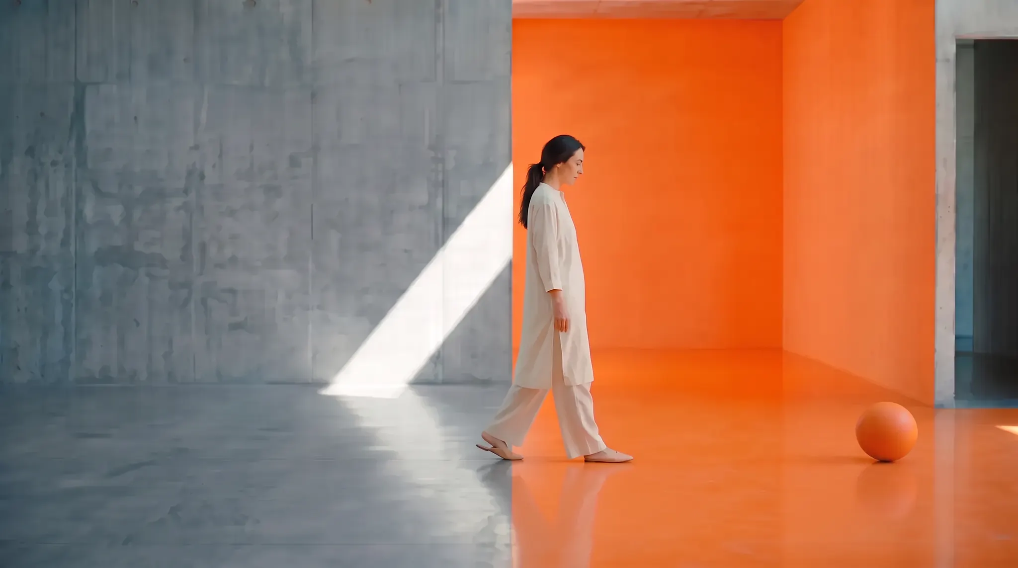 A woman looking down at an orange sphere on the floor of an orange room.